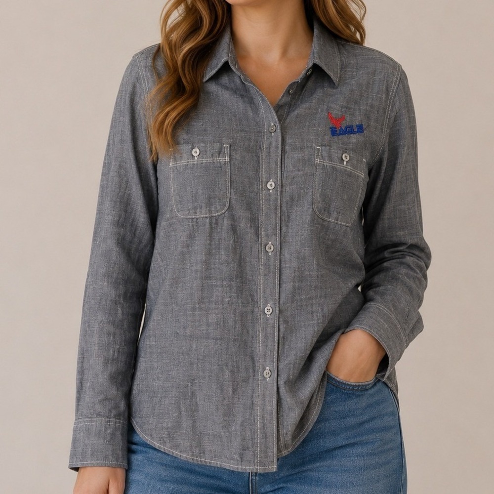 Port Authority Womens Large Chambray Button Up Shirt Gray 100% Cotton Eagle Logo